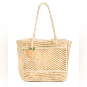 NEW Studio Collection Rattan Straw Tote Bag Purse Orange Charm Natural 18" x 14"